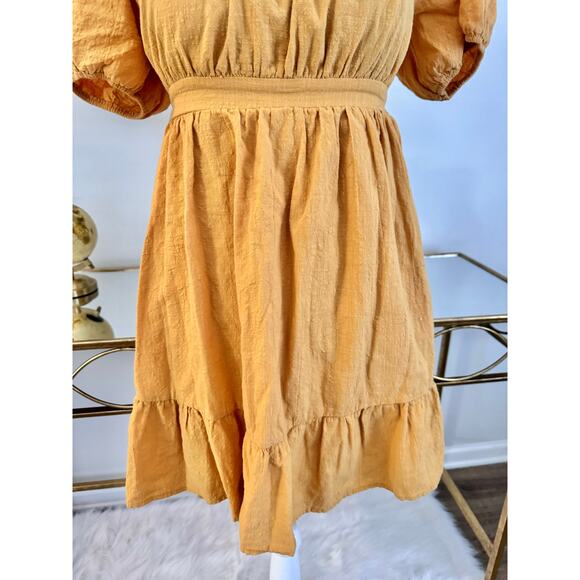 Hesperus Cotton Yellow Empire Waist Mini Dress Short Puff Sleeve Back Tie Medium - Picture 5 of 11